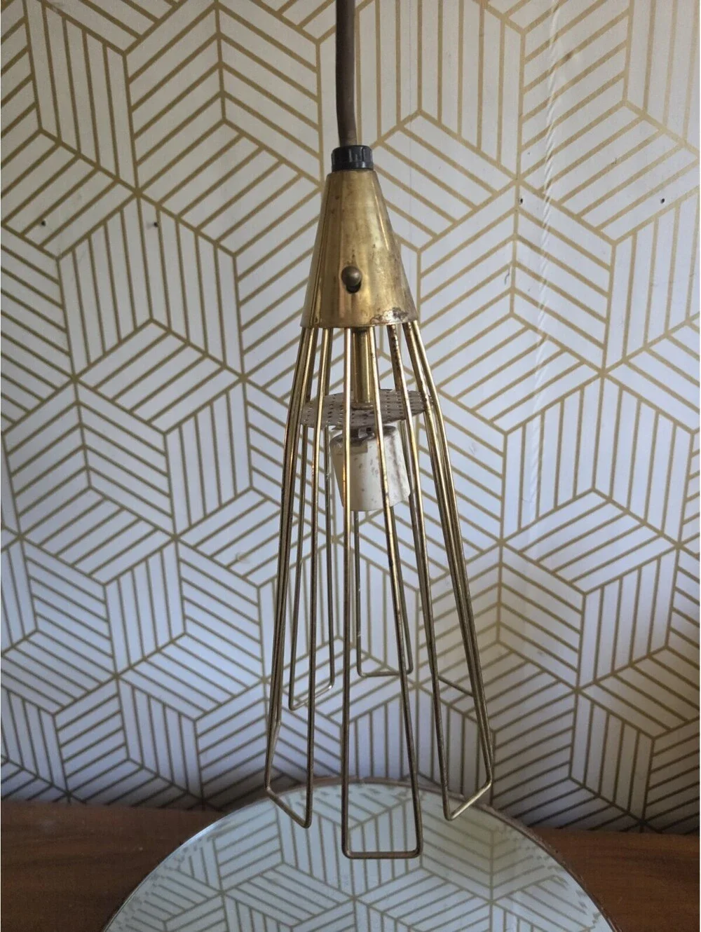 Vintage Midcentury Atomic Conical Wire Gold Cage Pendant Light Hanging Swag 50's